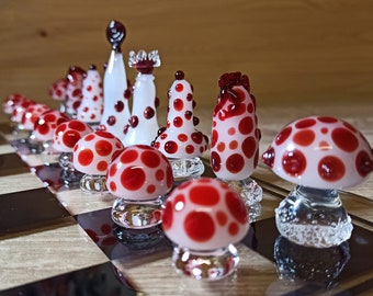 Mushroom Themed Handmade Glass Chess Set, One Of A Kind Chess Set, Handblown Borosilicate Unique Chess Set Made Of Solid Glass