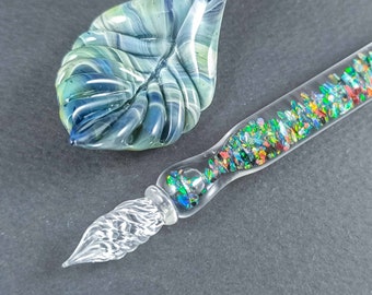 Glass Dip Pen filled with colorful crushed opal, Dip Pen with Galaxy, Pen Pillow and Bottle of Ink, Glass Calligraphy Pen, Mystical Ink Pen