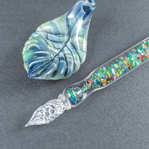 Glass Dip Pen filled with colorful crushed opal, Dip Pen with Galaxy, Pen Pillow and Bottle of Ink, Glass Calligraphy Pen, Mystical Ink Pen