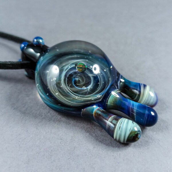 Melting Galaxy Pendant - Large Dripping Galaxy Pendant with Opal Planet, Borosilicate Glass, Silver Fumed Cosmic Jewelry, Celestial Design