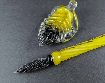 Yellow Glass Dip Pen, Rest and Bottle of Ink, Glass Calligraphy, Functional Art