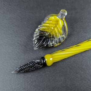 Yellow Glass Dip Pen, Pen Pillow and Bottle of Ink, Glass Art Pen, Glass Calligraphy Pen, Functional Art, Gift for Writers, Colorful Art Pen