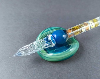 Glass Dip Pen filled with floating cog and gears, Dip Pen with Galaxy, Pen Pillow and Bottle of Ink, Glass Art Pen, Calligraphy Pen