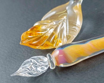 Pluma de vidrio de colores con soporte de hoja y tinta opcional - Instrumento de escritura artesanal