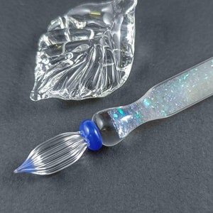 Glas Dip Pen gefüllt mit Dichroic Glasscherben, Stiftkissen und Flasche Tinte, Glas Kalligraphie Stift, funkelnder Glas Dip Pen