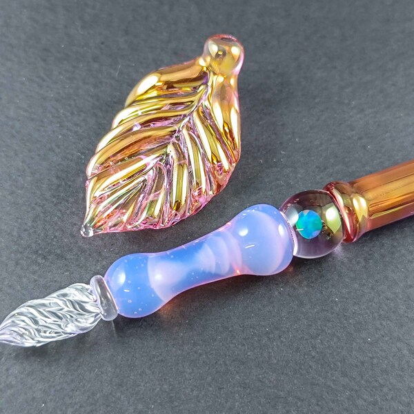 Gold and Fine Silver Fumed Glass Dip Pen with Opal, Pen Pillow, and Optional Ink – Handcrafted Glass Writing Instrument