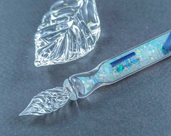 Glass Dip Pen filled with crushed opal and colorful glass pieces, Dip Pen with Galaxy, Pen Pillow and Bottle of Ink, Glass Calligraphy Pen