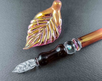 Gold and Fine Silver Fumed Glass Dip Pen with Opal, Pen Pillow, and Optional Ink – Handcrafted Glass Writing Instrument