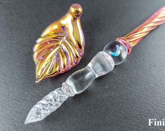 Gold and Fine Silver Fumed Glass Dip Pen with Opal, Pen Pillow, and Optional Ink – Handcrafted Glass Writing Instrument