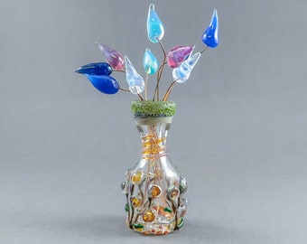 Handblown Miniature Bud Vase with Tiny Glass Flowers, Minimalist Glass Decoration