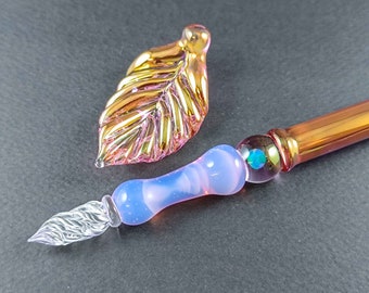 Gold and Fine Silver Fumed Glass Dip Pen with Opal, Pen Pillow, and Optional Ink – Handcrafted Glass Writing Instrument