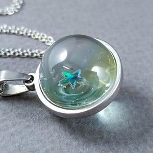 Handmade Glass Galaxy Pendant with Opal Star, Stainless Steel Framed Galaxy Necklace