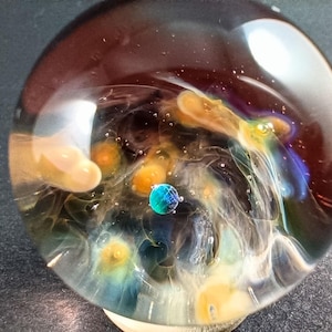 Handmade Silver and Gold-Fumed Glass Nebula Marble, With a Floating Opal Planet, Colorful Galaxy Marble, Signed Heady Glass Marble