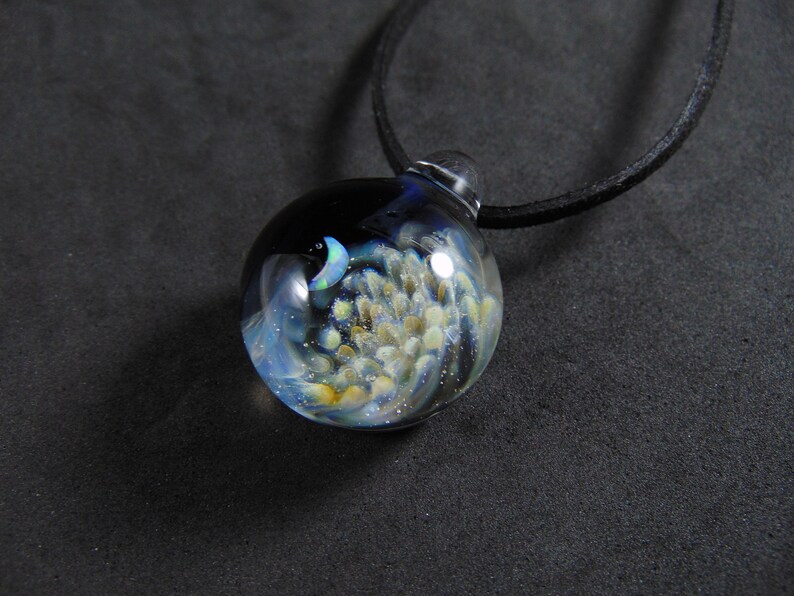 Glass Implosion Pendant Glass Implosion Pendant with an opal Crescent Moon Mystic and Black Jewelry Silver and Gold Fumed Glass Pendant