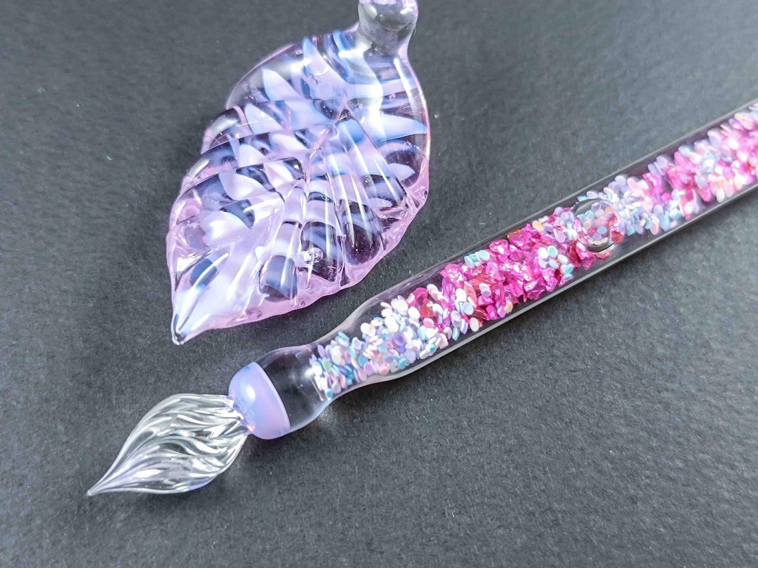 Glass Dip Pen Filled With Glass Shards and Colorful Flakes, Pen Pillow and Bottle of Ink, Glass Galaxy Marble Decorated Dip Pen