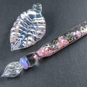 Glass Dip Pen filled with glass shards and colorful hearts, Pen Pillow and Bottle of Ink, Glass Galaxy marble Decorated Dip Pen