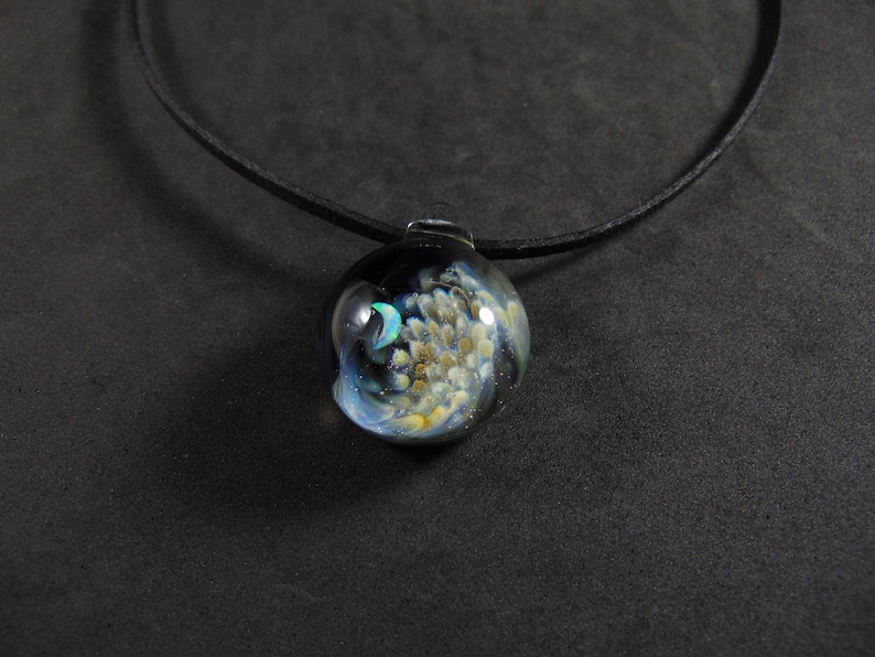 Glass Implosion Pendant Glass Implosion Pendant with an opal Crescent Moon Mystic and Black Jewelry Silver and Gold Fumed Glass Pendant