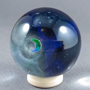 Handblown Heady Glass Galaxy Marble – 37.5mm Borosilicate Space Marble with Backside Decoration, Floating Opal Moon & Silver Fumed Design