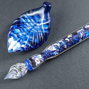 Glass Dip Pen filled with glass shards and stars, Pen Pillow and Bottle of Ink, Glass Galaxy marble Decorated Dip Pen
