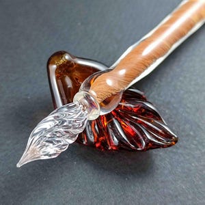 Colorful Glass Dip Pen with Leaf Pen Rest and Optional Ink - Handcrafted Writing Instrument