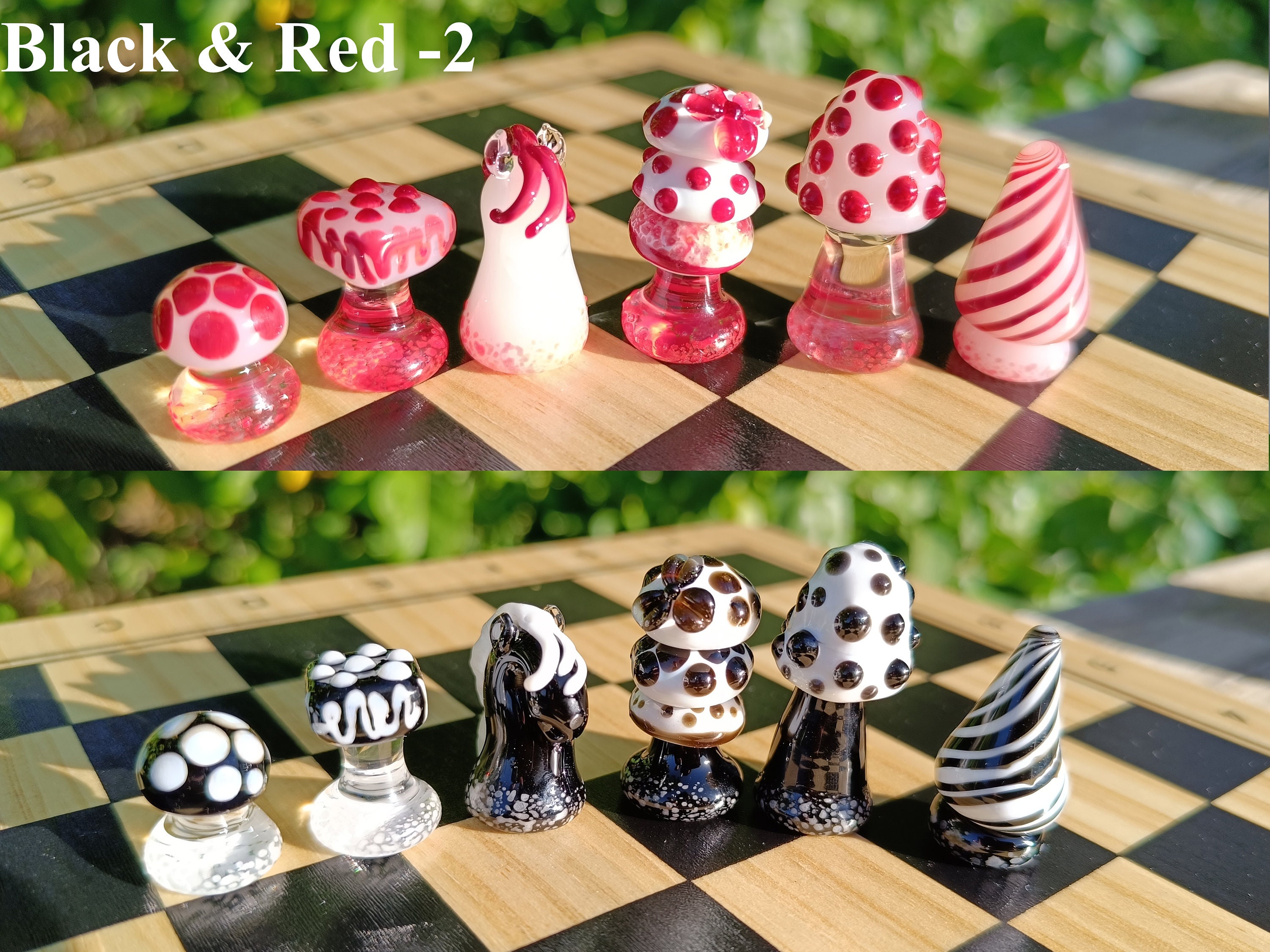 Mushroom Themed Handmade Glass Chess Set, One of A Kind Chess Set