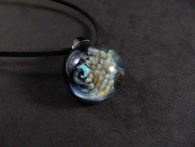 Glass Implosion Pendant Glass Implosion Pendant with an opal Crescent Moon Mystic and Black Jewelry Silver and Gold Fumed Glass Pendant