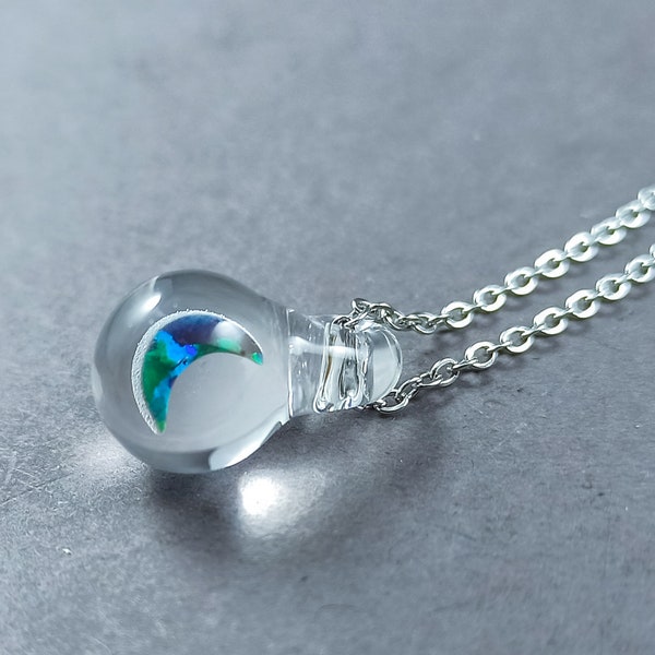 Clear Tiny Sphere Pendant With An Opal, Blown Glass Necklace , Trippy Glass Pendant, Clear Glass Jewelry, Mystical Jewelry, Handmade Glass
