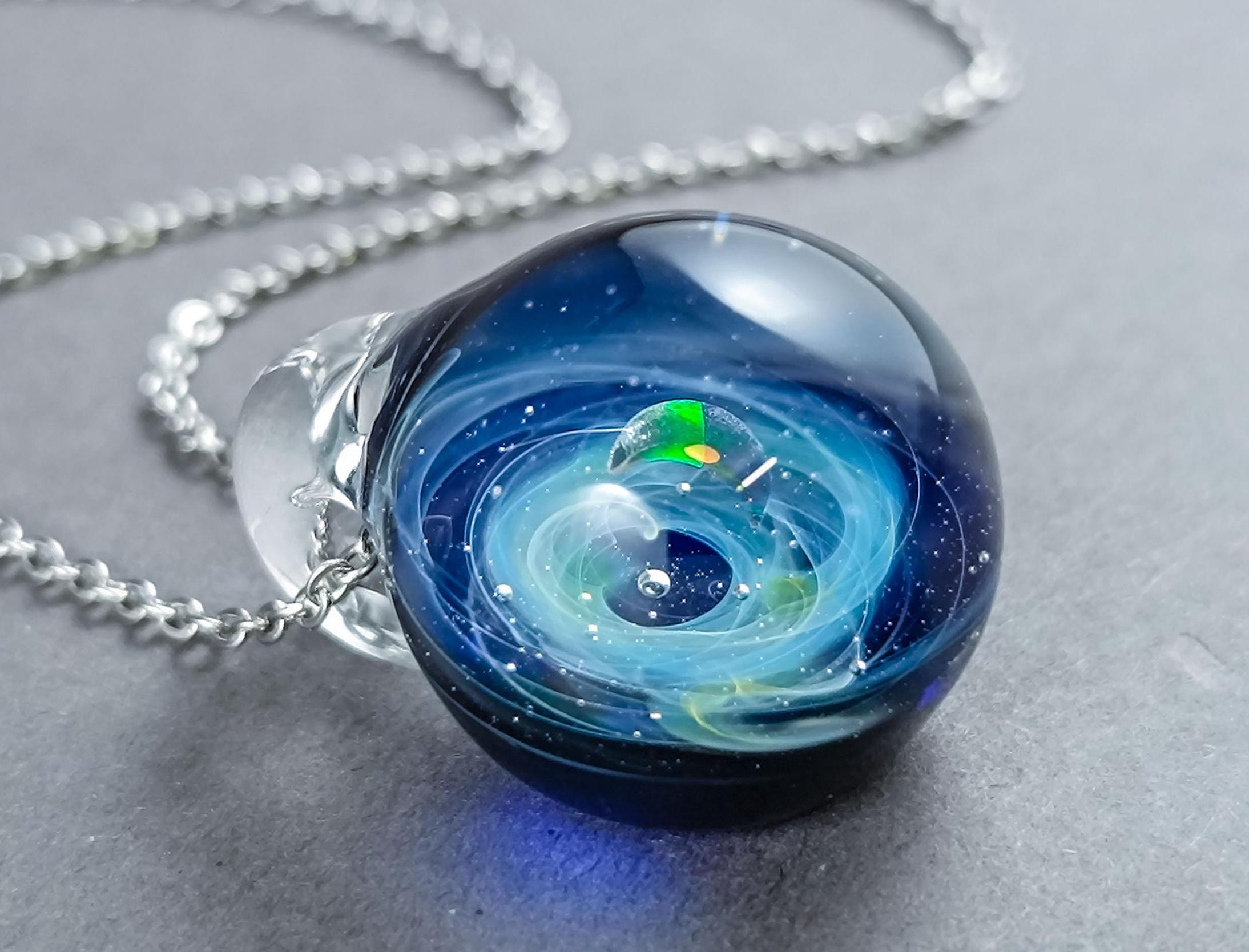 Galaxy Glass Pendant With Crescent Moon Opal – Handmade Cosmic
