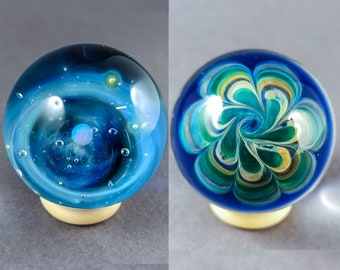 Glass Galaxy Marble - Silver Fumed with Backside Decoration - Heady Space Marble with Opal Planet - Handblown Blue Galaxy Marble