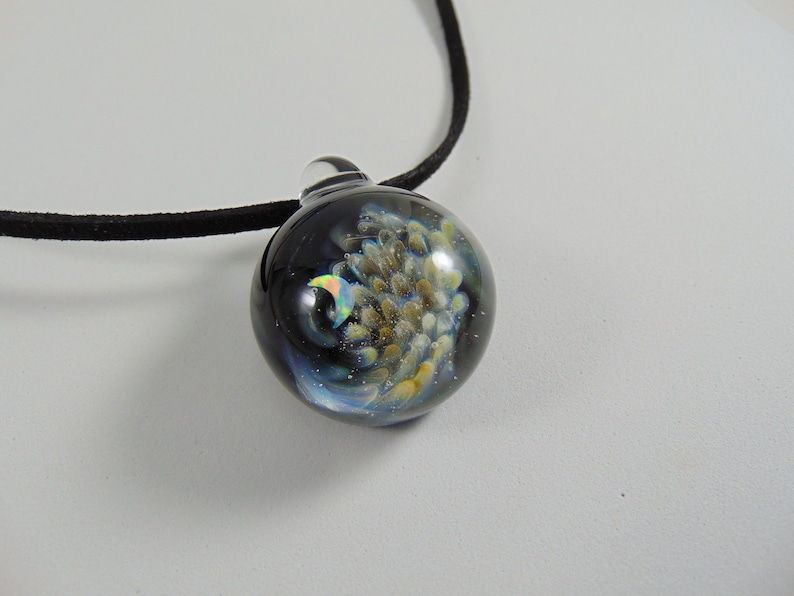 Glass Implosion Pendant Glass Implosion Pendant with an opal Crescent Moon Mystic and Black Jewelry Silver and Gold Fumed Glass Pendant