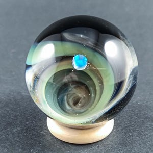 Handmade Silver and Gold Fumed Glass Galaxy Marble with Floating Opal Planet and Backside Decoration, Heady Galaxy Marble