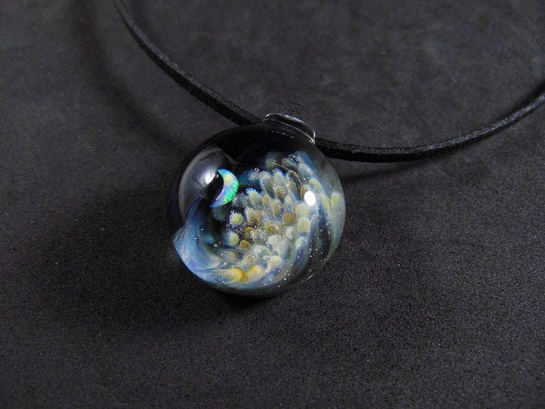 Glass Implosion Pendant Glass Implosion Pendant with an opal Crescent Moon Mystic and Black Jewelry Silver and Gold Fumed Glass Pendant
