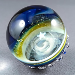 Handblown Galaxy Glass Marble with Opal Star and Textured Back – Silver Fumed Space Art Marble
