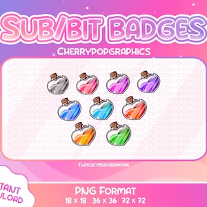 May include: Set of nine heart-shaped potion bottle Twitch sub badges in various colors, including gray, red, pink, purple, blue, orange, and green. The badges are in PNG format and come in three sizes: 18 x 18, 36 x 36, and 72 x 72 pixels.