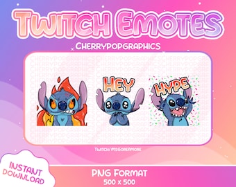 3 śliczne emotikony Stitch na Twitch/Discord! HYPE. HEY, RAGE Twitch Graphics