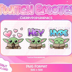 3 Cute Baby Yoda/Grogu Emotes For Twitch. Twitch Graphics, Love, Hype, Hey