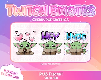 3 słodkie Baby Yoda/Grogu emotikony na Twitch. Grafika Twitch, Miłość, Hype, Hej