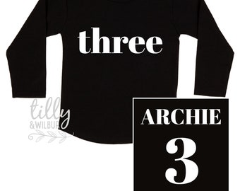 Three Personalised Boys 3rd Birthday T-Shirt, 3rd Birthday Gift, 3 Today Birthday Tee, Long Sleeve Birthday T-Shirt, Cake Smash Outfit Shirt