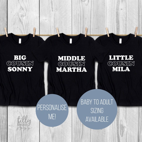 Personalised Cousin T-Shirt Set, Big Cousin Middle Cousin Little Cousin, Big Cuz, Pregnancy Announcement, Reveal Outfits, Matching Cousins