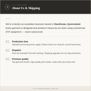 Peut inclure: Un graphique informatif avec un en-t&ecirc;te sombre intitul&eacute; Tilly & Wilbur About Us & Shipping. Le texte d&eacute;taille une entreprise familiale australienne bas&eacute;e &agrave; Stanthorpe, Queensland, utilisant des &eacute;quipements DTF pour l'impression de v&ecirc;tements.