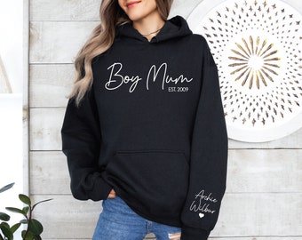 Boy Mum Hoodie With Name On Sleeve, Mama Est Sweatshirt, Mothers Day Gift, Personalised Mum Gift, Mum Life Sweat, New Mum Hoody, Mum of Boys