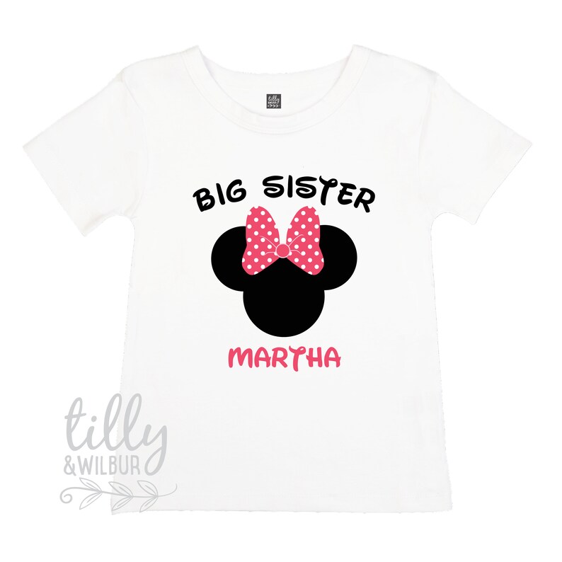 Big Sister T-Shirt for Girls With Minnie Mouse Design And Child/'s Name Personalised Big Sister Shirt Pregnancy Announcement T-Shirt Gift