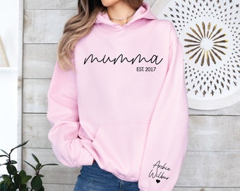 Mumma Hoodie With Name On Sleeve, Mama Est Sweatshirt, Mothers Day Gift, Personalised Mum Gift, Mum Life Jumper, New Mum Hoody, Custom Mama