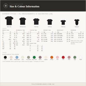 Peut inclure: Un tableau d'informations sur les tailles et les couleurs pour les v&ecirc;tements Tilly & Wilbur. Le tableau affiche les styles de v&ecirc;tements, y compris des t-shirts, bodys et barboteuses, avec des mesures en centim&egrave;tres. Une palette de couleurs est incluse.