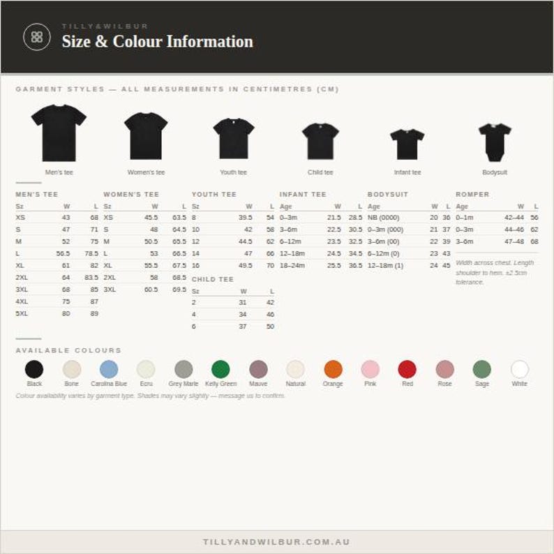 Peut inclure: Un tableau d'informations sur les tailles et les couleurs pour les v&ecirc;tements Tilly & Wilbur. Le tableau affiche les styles de v&ecirc;tements, y compris des t-shirts, bodys et barboteuses, avec des mesures en centim&egrave;tres. Une palette de couleurs est incluse.