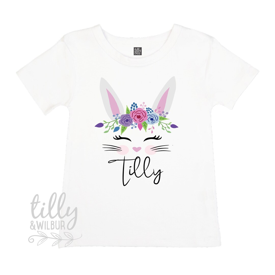 Floral Bunny Easter Tshirt for Girls, Personalised Girls Easter T