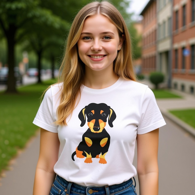 A young woman wearing a white t-shirt with a cartoon dog graphic is smiling and posing for the camera.