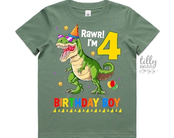 May include: Green short-sleeved t-shirt with a cartoon dinosaur wearing sunglasses and a party hat. The dinosaur is green and has a yellow number 4 on its side. The text "Rawr! I'm 4" is printed on the shirt. The text "Birthday Boy" is printed below the dinosaur. The shirt has a white tag with the text "AS" on it.
