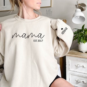 Mama Sweatshirt With Date And Block Name On Sleeve, Mama Est Sweatshirt, Mothers Day Gift, Personalised Mum Gift, Mum Life Jumper, New Mum