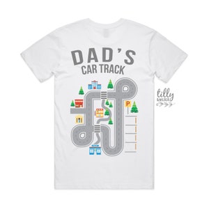 パパの車のトラックTシャツ、パパの車のトラックTシャツ、パパの背中に車、父と息子、父の日の面白いギフト、レーシングパパ、メカニックパパ
